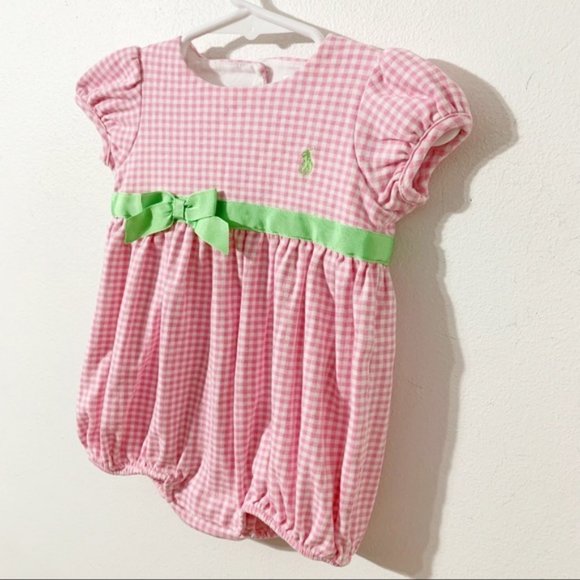Ralph Lauren Cotton Short Puffed Sleeve Bubble Romper Button Back Ribbon Accent - Picture 2 of 11